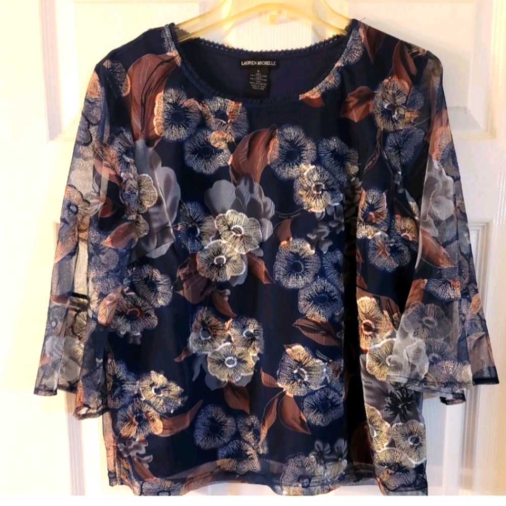 Lauren Michelle Floral Pansy Gorgeous Blouse Size Small Sheer 3/4 Length Sleeves
